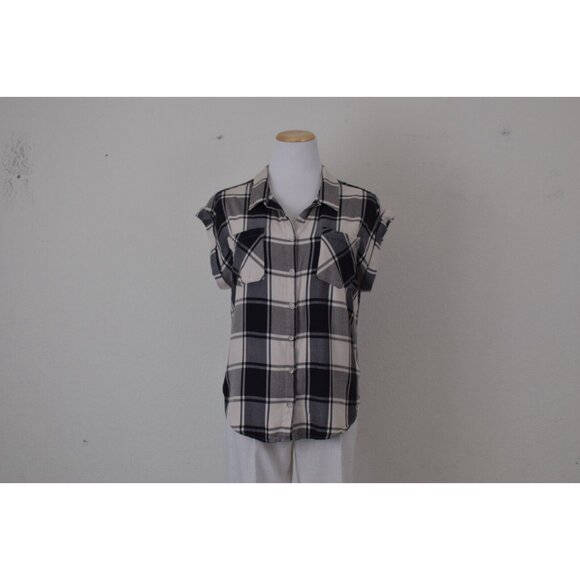 Jacks Girlfriend Womens Plaid Rayon Button Up Blouse Cuffed Sleeve size M - Picture 5 of 13